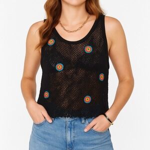 Michael Lauren Black Mesh Crochet Flower‎ Tank Top Women's M Festival Boho 90s